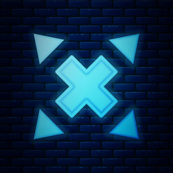 Parlayan neon, tuğla duvar arka planında birçok yönden yalıtılmış ok simgesi. Vektör