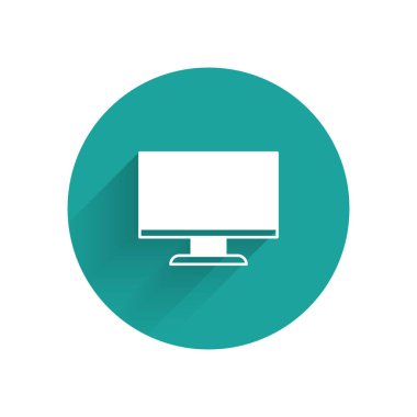 Beyaz Bilgisayar ekran simgesi uzun gölge arkaplanı ile izole edildi. Elektronik cihaz. Ön manzara. Yeşil daire düğmesi. Vektör