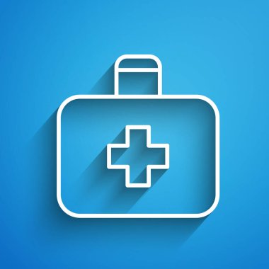 Beyaz çizgi ilk yardım çantası simgesi mavi arkaplanda izole edildi. Haçlı sağlık kutusu. Acil durumlar için tıbbi ekipman. Sağlık sigortası konsepti. Uzun gölge. Vektör İllüstrasyonu.