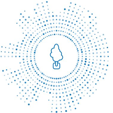 Beyaz arkaplanda mavi çizgi ağaç simgesi izole edildi. Orman sembolü. Soyut çember rastgele noktalar. Vektör.