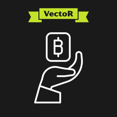 Beyaz çizgili El, Bitcoin simgesini siyah arka planda tutuyor. Engelleme teknolojisi, dijital para piyasası, şifreli para cüzdanı. Vektör.