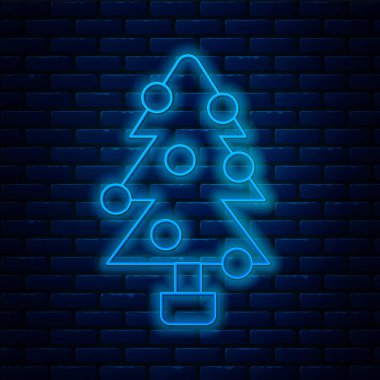 Duvarda izole edilmiş dekorasyon simgesi olan parlak neon çizgili Noel ağacı. Mutlu Noeller ve mutlu yıllar. Vektör.