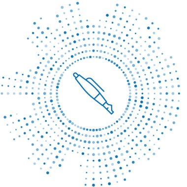 Mavi çizgi Çeşme kalem ucu simgesi beyaz arkaplanda izole edildi. Kalem aleti işareti. Soyut çember rastgele noktalar. Vektör.