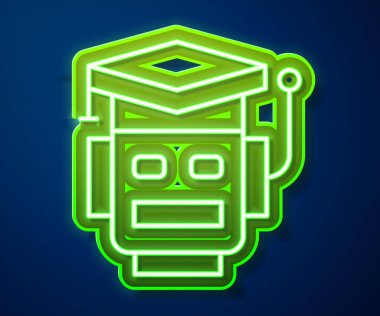Parlayan neon çizgisi robot simgesi mavi arkaplanda izole edildi. Yapay zeka, makine öğrenme, bulut hesaplama. Vektör.