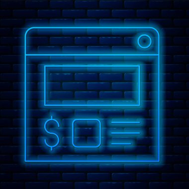 Parlayan neon hattı çevrimiçi sipariş ve yemek dağıtım ikonu tuğla duvar arkasında izole edildi. Vektör