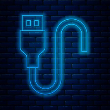 Parlayan neon hattı USB kablo ikonu tuğla duvar arka planında izole edildi. PC ve mobil cihazlar için bağlantı ve soketler. Vektör