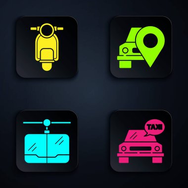 Taksi, Scooter, kablo TV ve taksi ile harita işaretleyicisini ayarlayın. Siyah kare düğme. Vektör.