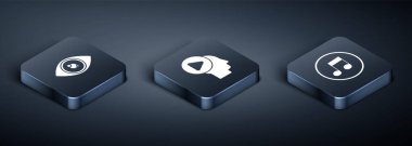 Isometric Eye, Music note, tone and Head elemanlarının çalma düğmesi simgesini ayarla. Vektör.