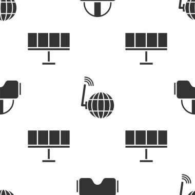 Sanal gerçeklik gözlükleri, sosyal ağ ve güneş enerjisi panelini kusursuz desene ayarla. Vektör.