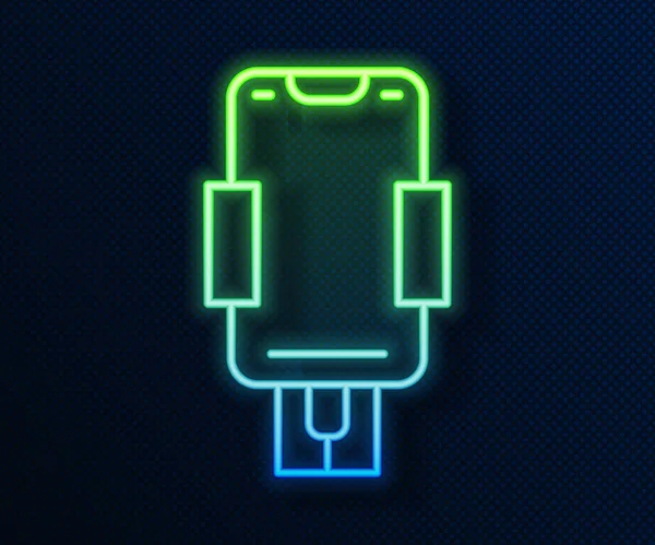 Gloeiende Neon Lijn Mobiele Telefoon Houder Pictogram Geïsoleerd Blauwe Achtergrond — Stockvector