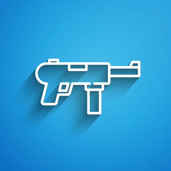 White Line Submachine Gun Grease Gun Icon Geïsoleerd Blauwe Achtergrond — Stockvector