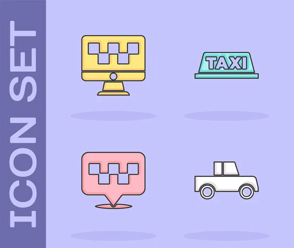 Conjunto Coches Servicio Taxi Llamada Computadora Ubicación Con Taxi Icono — Vector de stock