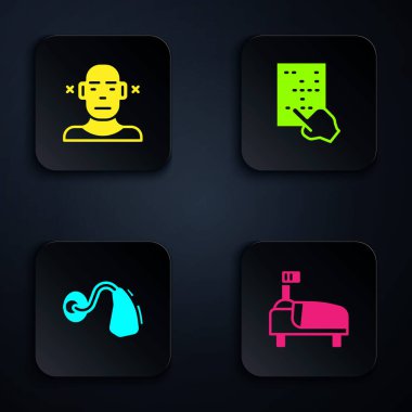 Hastane yatağı, sağır, işitme cihazı ve körler alfabesi. Siyah kare düğme. Vektör