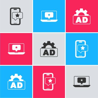 Mobil Değerlendirme derecesi, Laptop yıldızı ve Reklam simgesi ile ayarla. Vektör