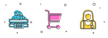 Tahta kutuyu meyve, alışveriş arabası ve satıcı ikonu olarak ayarla. Vektör