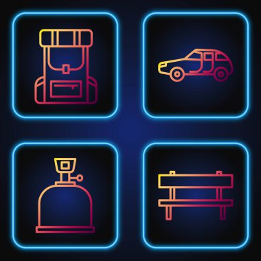 Bench hattı, kamp gaz ocağı, yürüyüş sırt çantası ve araba. Renk simgeleri. Vektör.