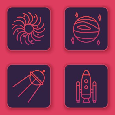 Kara delik, uydu, Venüs gezegeni, uzay mekiği ve roketleri ayarlayın. Mavi kare düğme. Vektör.