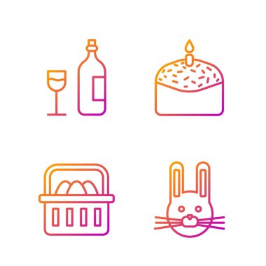 Paskalya tavşanı, paskalya yumurtalı sepet, camlı şarap şişesi, Paskalya pastası ve mum. Renk simgeleri. Vektör.