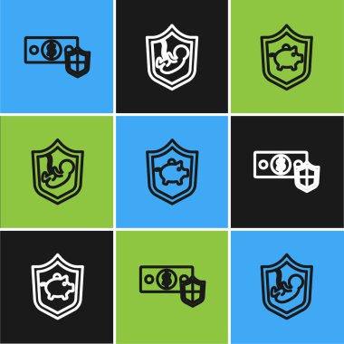 Rozetli para, domuz kumbarası ve hayat sigortası ikonu. Vektör