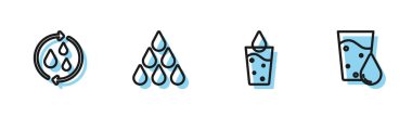 Bardakları suyla doldurun, temiz suyu geri dönüştür, su damlası ve ikon. Vektör