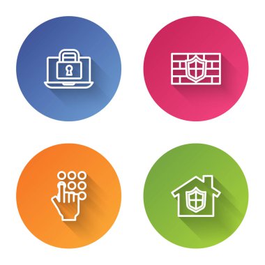 Dizüstü bilgisayarı ve kilidi, tuğla duvarlı kalkanı, şifre korumasını ve House 'u ayarlayın. Renkli daire düğmesi. Vektör