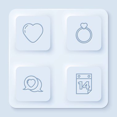 Set hattı Heart, nikah yüzükleri, konuşma balonu ve 14 Şubat takvimi. Beyaz kare düğme. Vektör