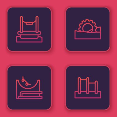 Çizgi Bungee, Kaykay Parkı, Dönme dolap ve Yatay Çubuk. Mavi kare düğme. Vektör