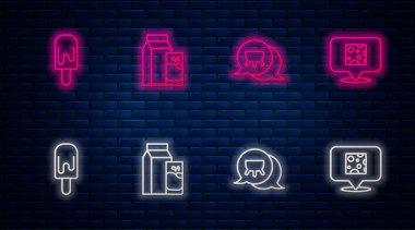 Kefir, Meme, Dondurma ve Peynir için kağıt paketi hazırlayın. Tuğla duvarda parlayan neon simgesi. Vektör