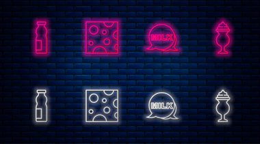 Cheese, Lettering süt, yoğurt şişesi ve milkshake içmek. Tuğla duvarda parlayan neon simgesi. Vektör