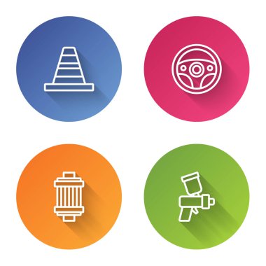 Trafik konisi, direksiyon, araba hava filtresi ve boya sprey tabancası ayarlayın. Renkli daire düğmesi. Vektör