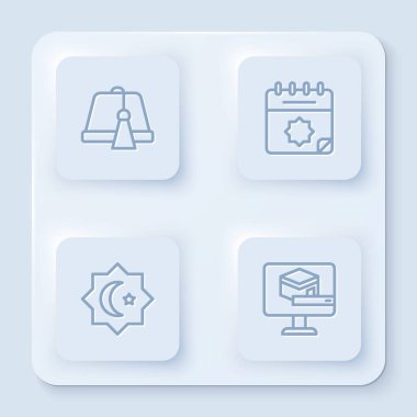 Türk şapkası, Ramazan takvimi, Sekizgen yıldız ve Kabe camisi. Beyaz kare düğme. Vektör