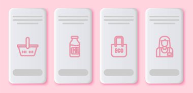 Alış veriş sepeti, süt şişesi, torba geri dönüşümü ve satıcı. Beyaz dikdörtgen düğme. Vektör