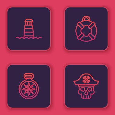 Deniz feneri, pusula, Lifebuoy ve korsan kaptan. Mavi kare düğme. Vektör