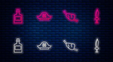 Korsan şapkası, göz bandı, alkol, rom ve kılıç. Tuğla duvarda parlayan neon simgesi. Vektör