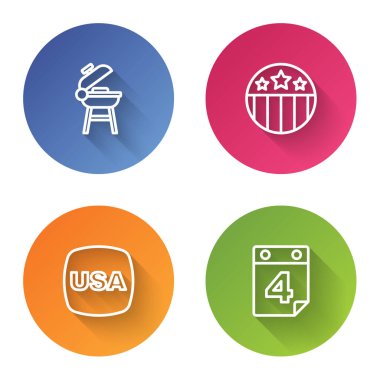 Barbekü ızgarası, yıldız madalyası, ABD Bağımsızlık Günü ve takvim tarihi 4 Temmuz. Renkli daire düğmesi. Vektör