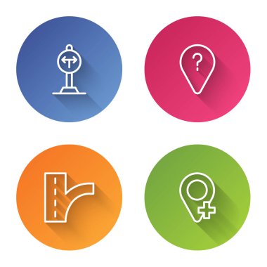 Yol ayrımını ayarlayın, bilinmeyen yol noktası, trafik işareti ve konum. Renkli daire düğmesi. Vektör