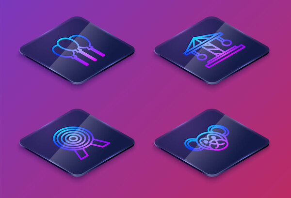 Set Isometric line Balloons with ribbon, Target, Attraction carousel and Monkey. Blue square button. Vector