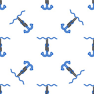 Su ikonunun altındaki olta kancası beyaz arka planda izole edilmiş pürüzsüz desen. Balık oltası. Renkli taslak konsepti. Vektör.