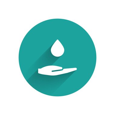 Sabun ikonu ve uzun gölgeli beyaz yıkama elleri. Virüs ve bakterileri önlemek için ellerini sabunla yıkıyorsun. Yeşil daire düğmesi. Vektör İllüstrasyonu.