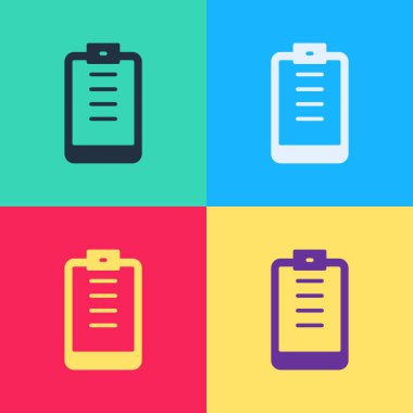 Renk arkaplanında kontrol listesi simgesine sahip pop sanat panosu. Kontrol listesi sembolü. Anket anketi ya da anket geri bildirim formu. Vektör.