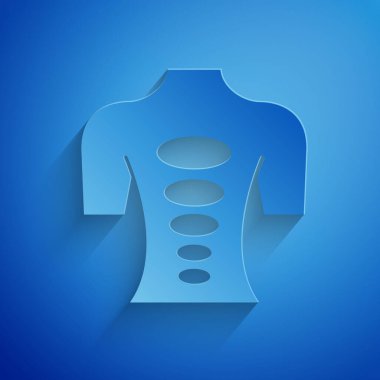 Kağıt kesiği Masaj taşı terapi ikonu mavi arka planda izole edilmiş. Rahatlatıcı, boş zaman. Kağıt sanatı tarzı. Vektör.