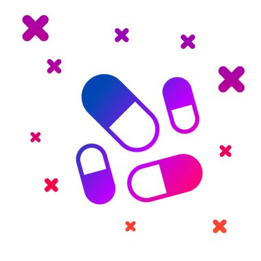 Beyaz arkaplanda izole edilmiş hap kapsülü ikonunun renkli vitamin kompleksi. Sağlıklı bir yaşam tarzı. Kademeli rastgele dinamik şekiller. Vektör.