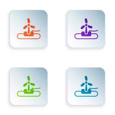 Renkli Rüzgâr türbini simgesi beyaz arkaplanda izole edildi. Rüzgar jeneratörü işareti. Elektrik üretimi için yel değirmeni. Kare düğmelere renkli simgeleri yerleştir. Vektör.