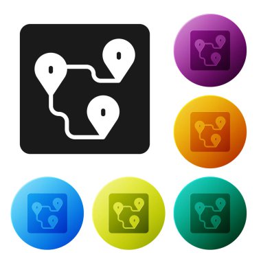 Siyah Yol konum simgesi beyaz arkaplanda izole edildi. Harita işaretçisi işareti. Yol ya da yol kavramı. GPS navigatörü. Simgeleri renk daire düğmelerine ayarla. Vektör.