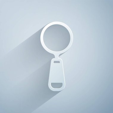 Kağıt kesiği büyüteç simgesi gri arkaplanda izole edilmiş. Arama, odaklanma, yakınlaştırma, iş sembolü. Kağıt sanatı tarzı. Vektör.