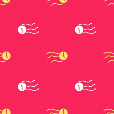 Sarı Zaman simgesinde uçar gider. Kırmızı arkaplanda izole edilmiş kusursuz desen. Vektör.