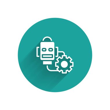 Beyaz Robot uzun gölgeli bir simge oluşturuyor. Yapay zeka, makine öğrenme, bulut hesaplama. Yeşil daire düğmesi. Vektör.