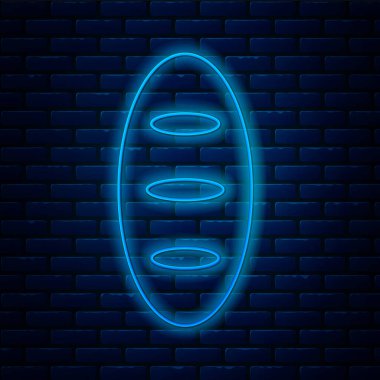Parlayan neon hattı ekmek somunu simgesi tuğla duvar arka planında izole edildi. Vektör.