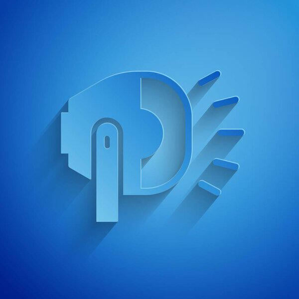 Иконка лампы на голове велосипеда вырезана на синем фоне. Велосипедные дорожные виды спорта ночной езды свет. Бумажный стиль. Вектор.