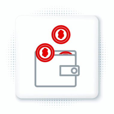 Beyaz arkaplanda izole edilmiş madeni para simgesi olan çizgi cüzdanı. Çanta ikonu. Nakit tasarruf sembolü. Renkli taslak konsepti. Vektör